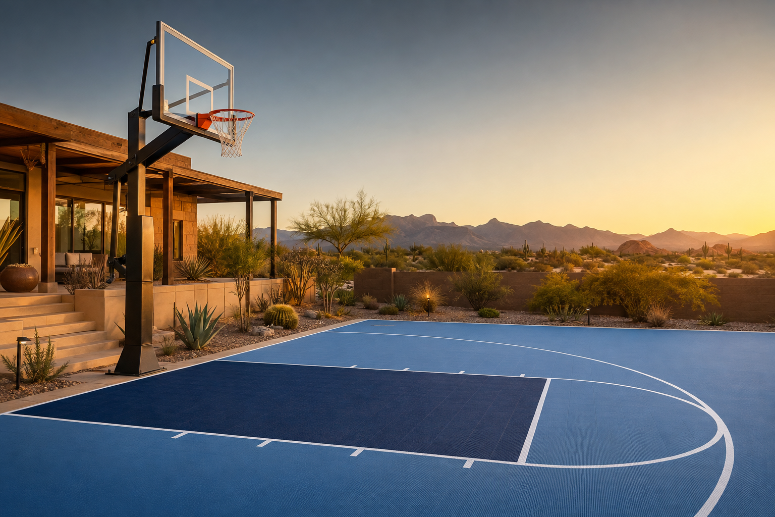 Professional basketball hoop and sport court in an Arizona backyard